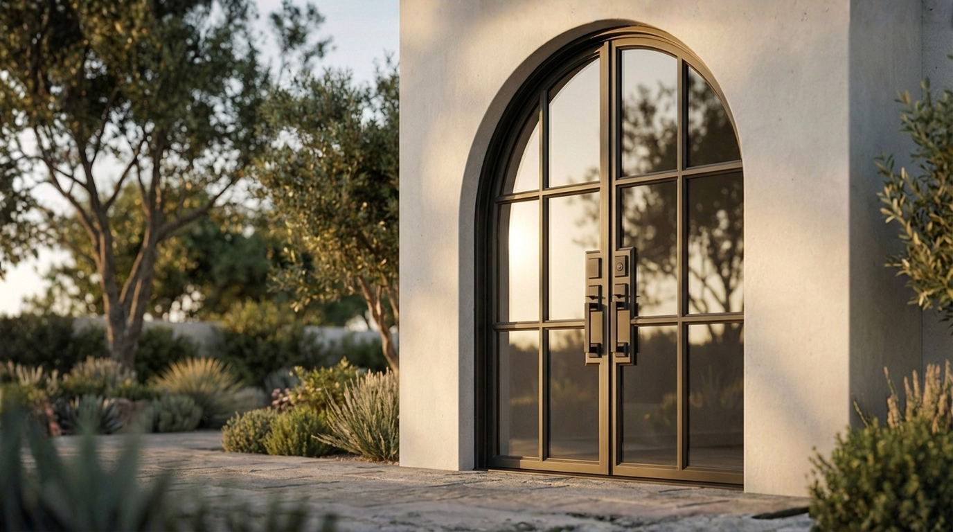 Arched 6 Lite french steel entry door with clear glass panels, hero image
