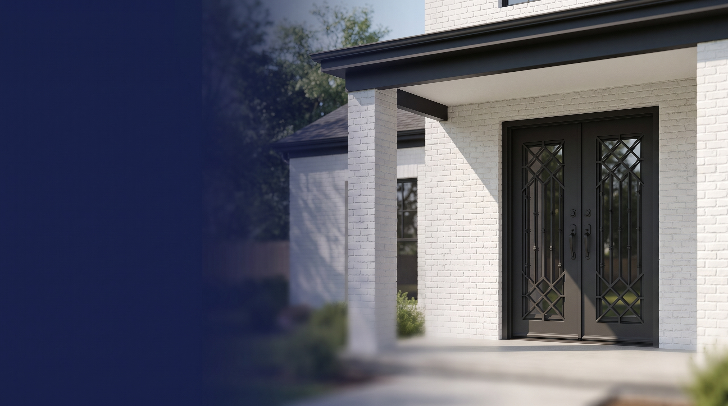 Slim Lux wrought-iron double entry door on a modern white-brick home