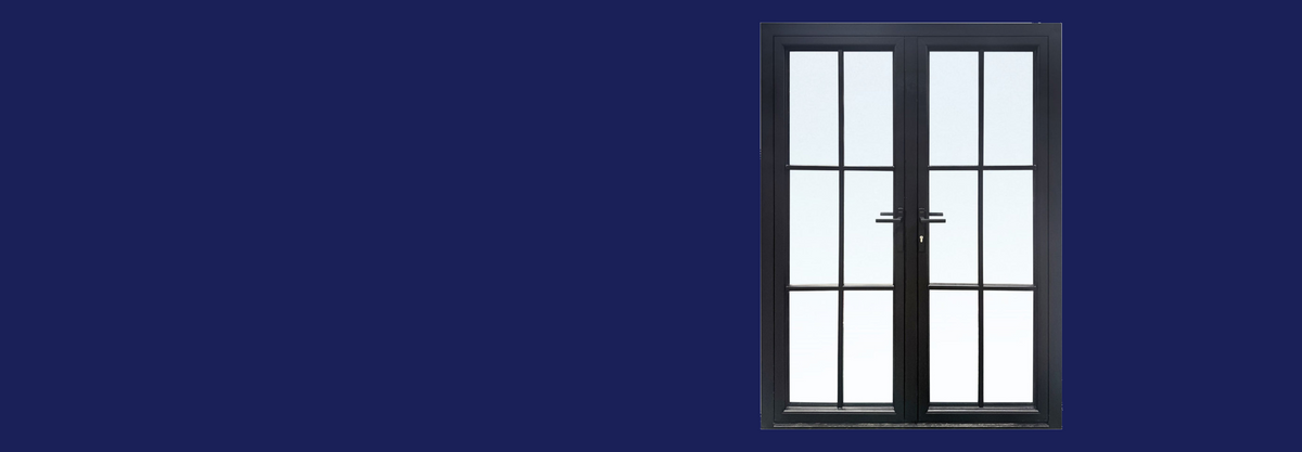 Black 6-lite SDL French patio double door on Home Center Outlet navy background