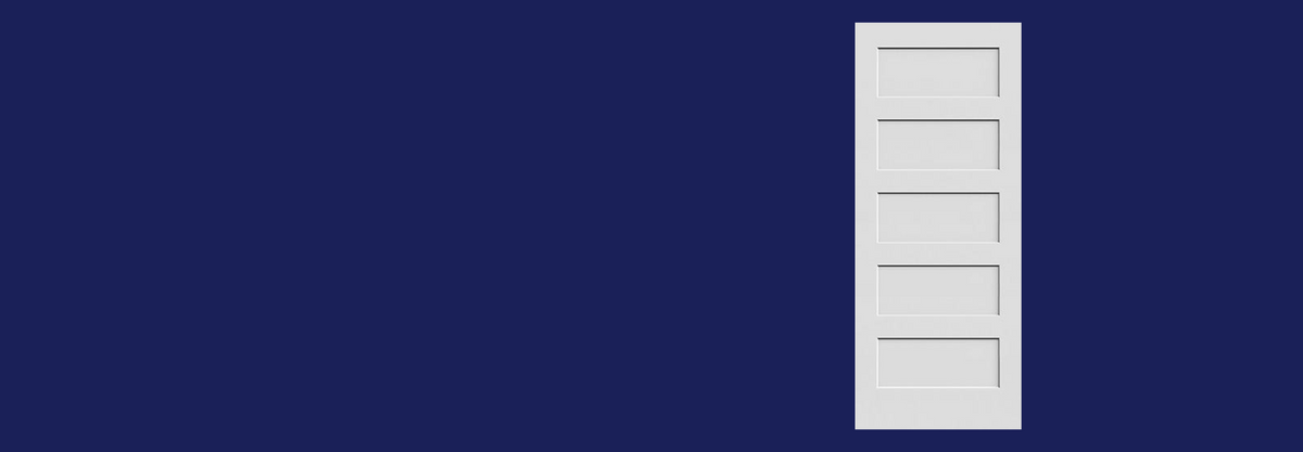 Primed 5-panel shaker interior door on Home Center Outlet navy background