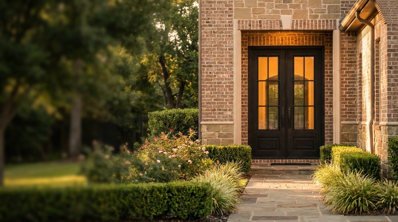 New arrivals at Home Center Outlet — iron and glass double entry door on a brick and stone home at golden hour