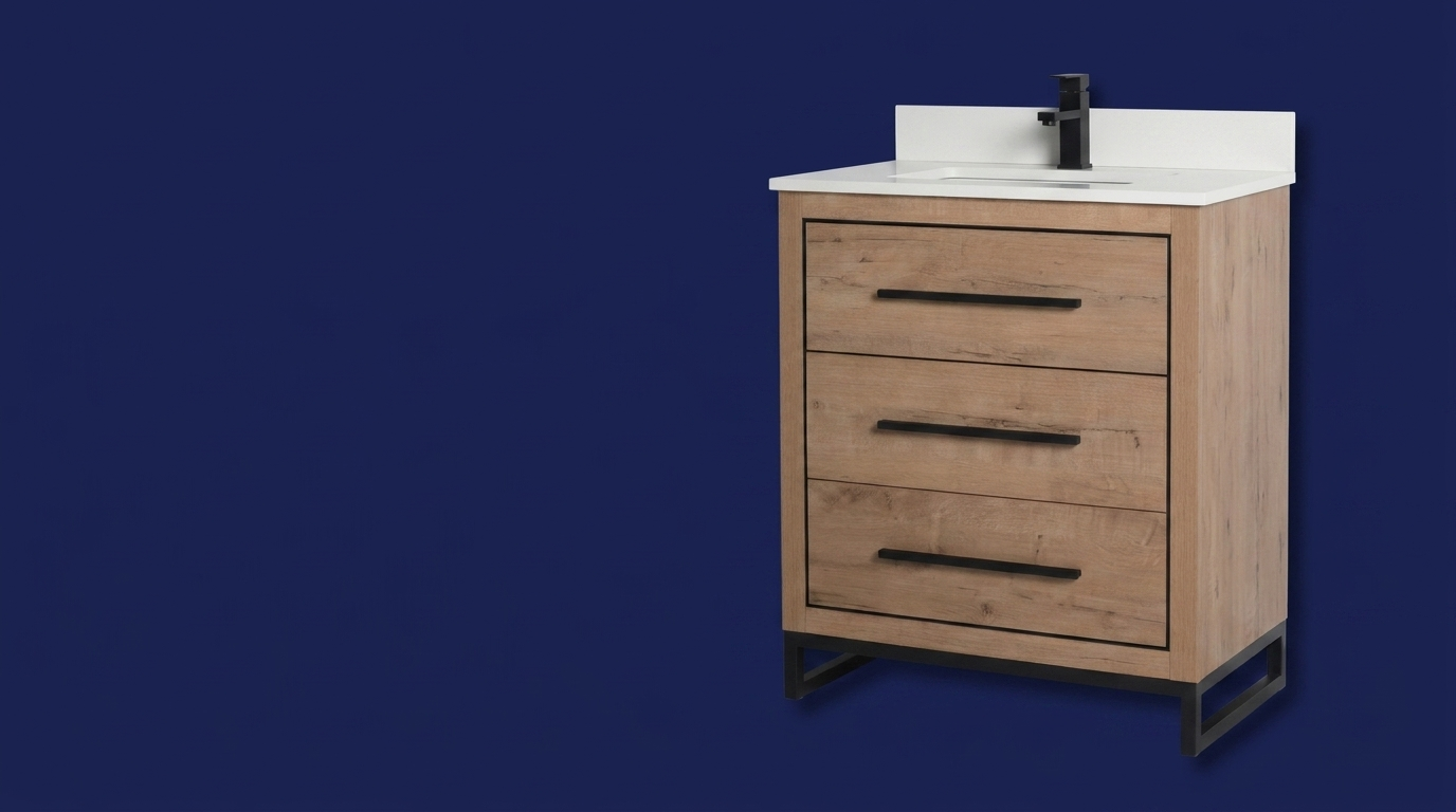 Home Center Outlet bathroom vanities — wood vanity with white countertop and black hardware