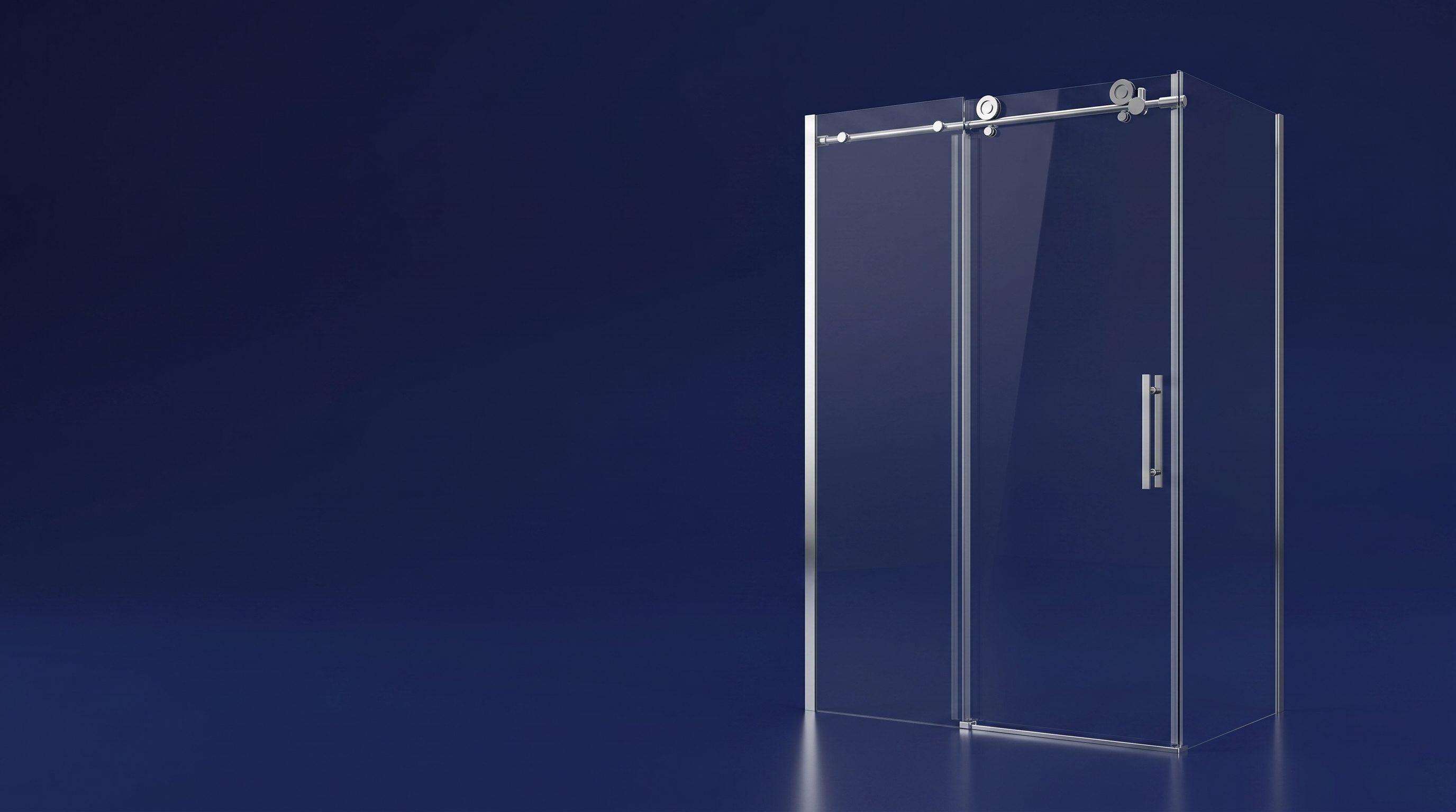 Shower Doors — sliding shower door on navy background