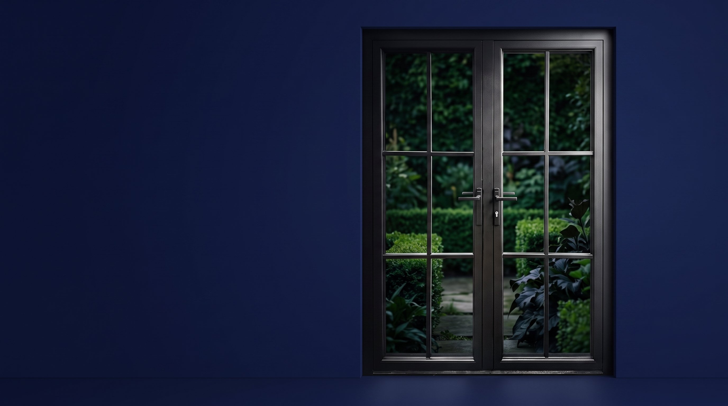 Swing Patio Doors — aluminum French patio doors on navy background