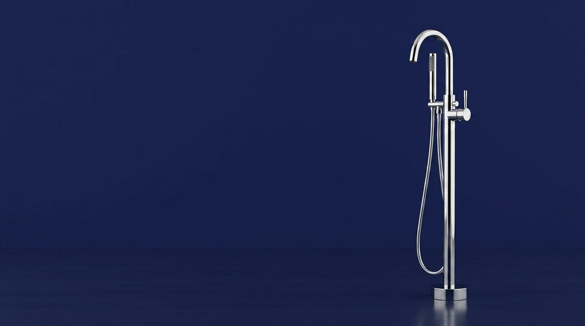 Tub Fillers — freestanding tub filler on navy background