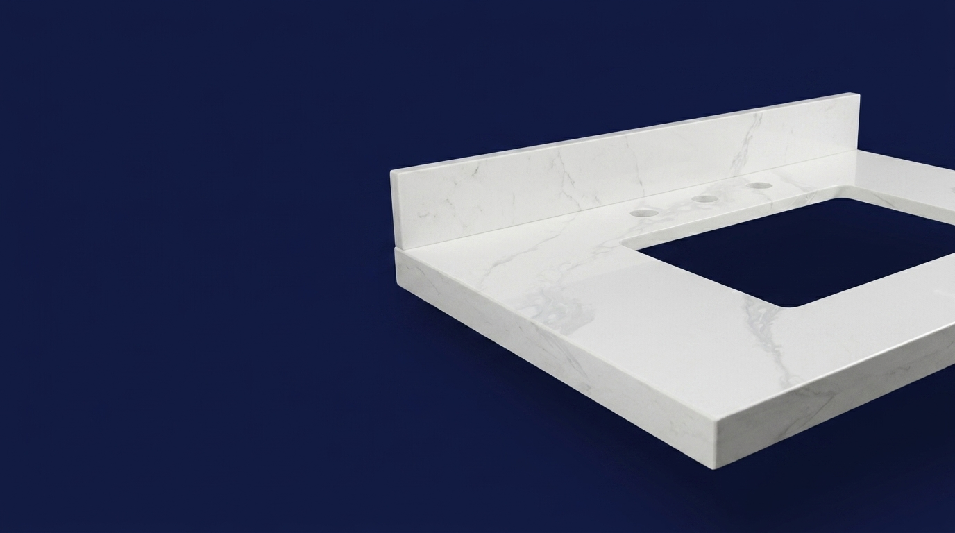 Countertops — white quartz vanity top on navy background