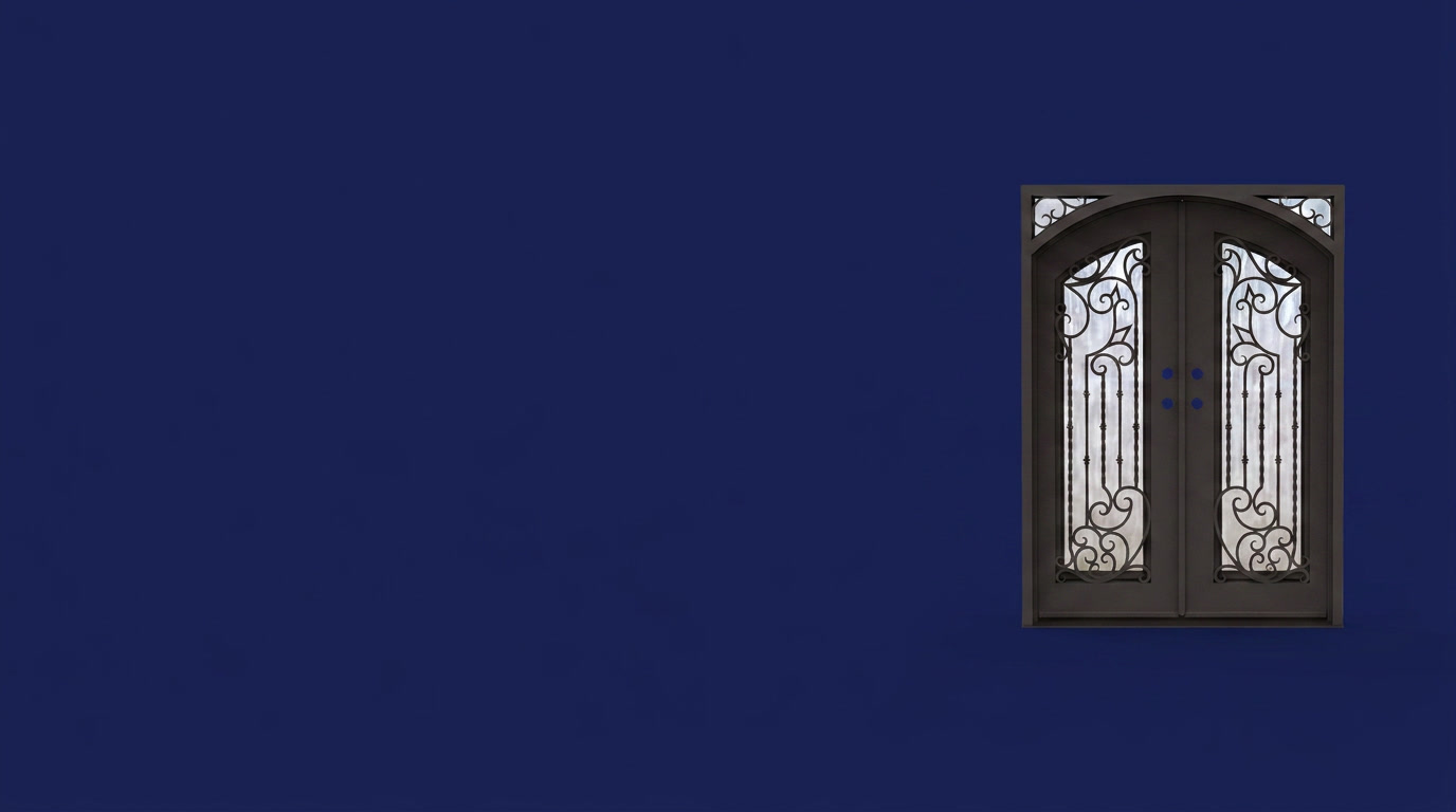 Hurricane Doors — Charles wrought-iron double entry door, positioned right on navy background