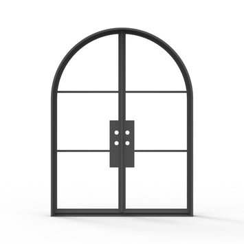 3 lite arched top french steel, exterior modern door, black finish, front