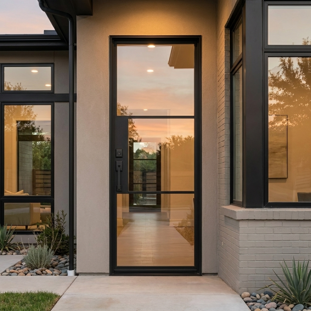 3-lite French steel exterior single door, 36x96 inches, in matte black with clear glass panels, evening view