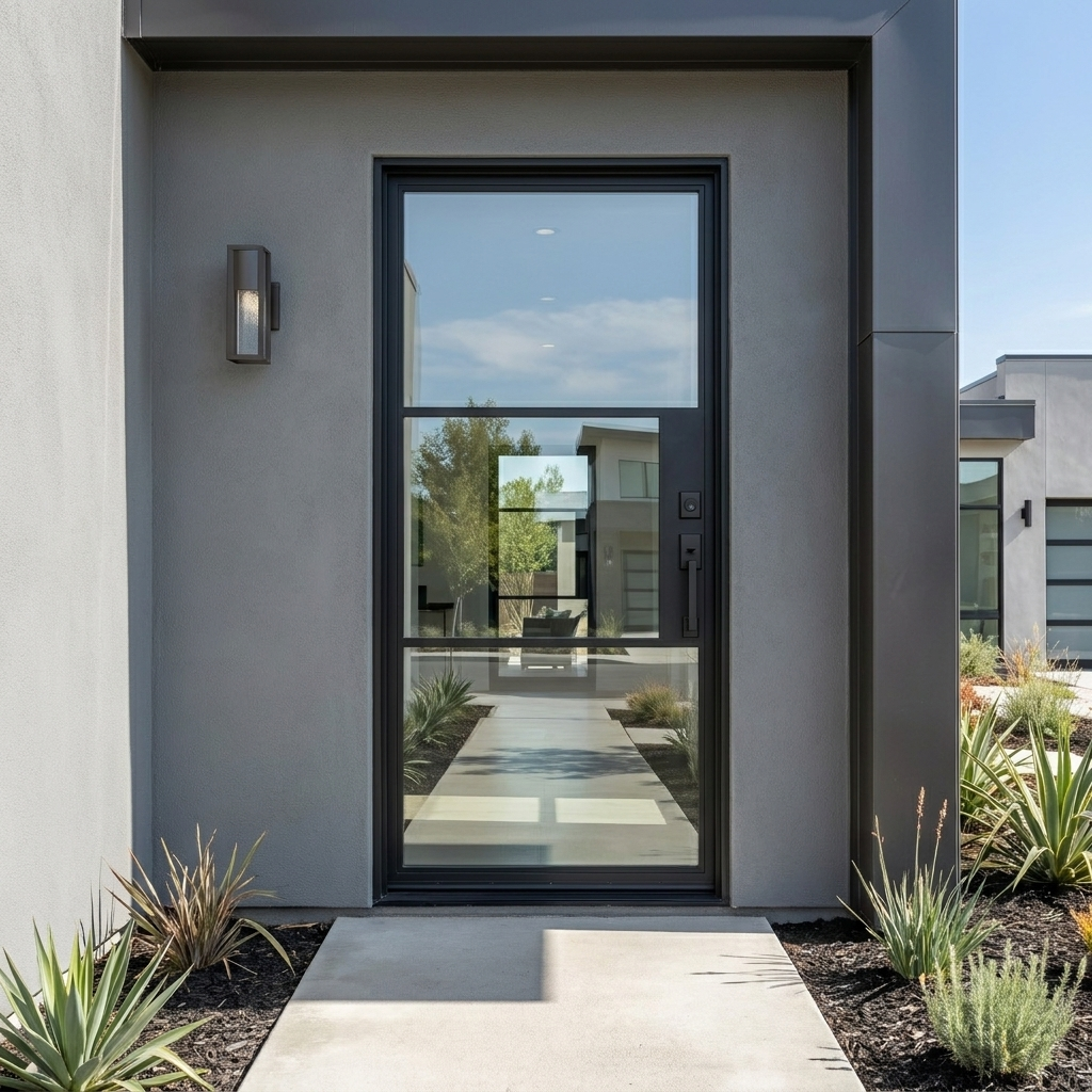 3-lite French steel exterior single door in matte black, installed on a modern home, shown closed with clear glass panels