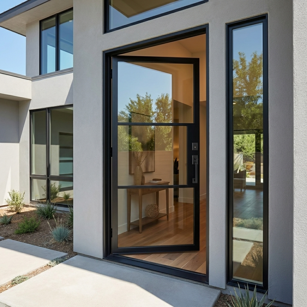 3-lite French steel exterior single door in black, shown open at a modern stucco home entry with clear glass