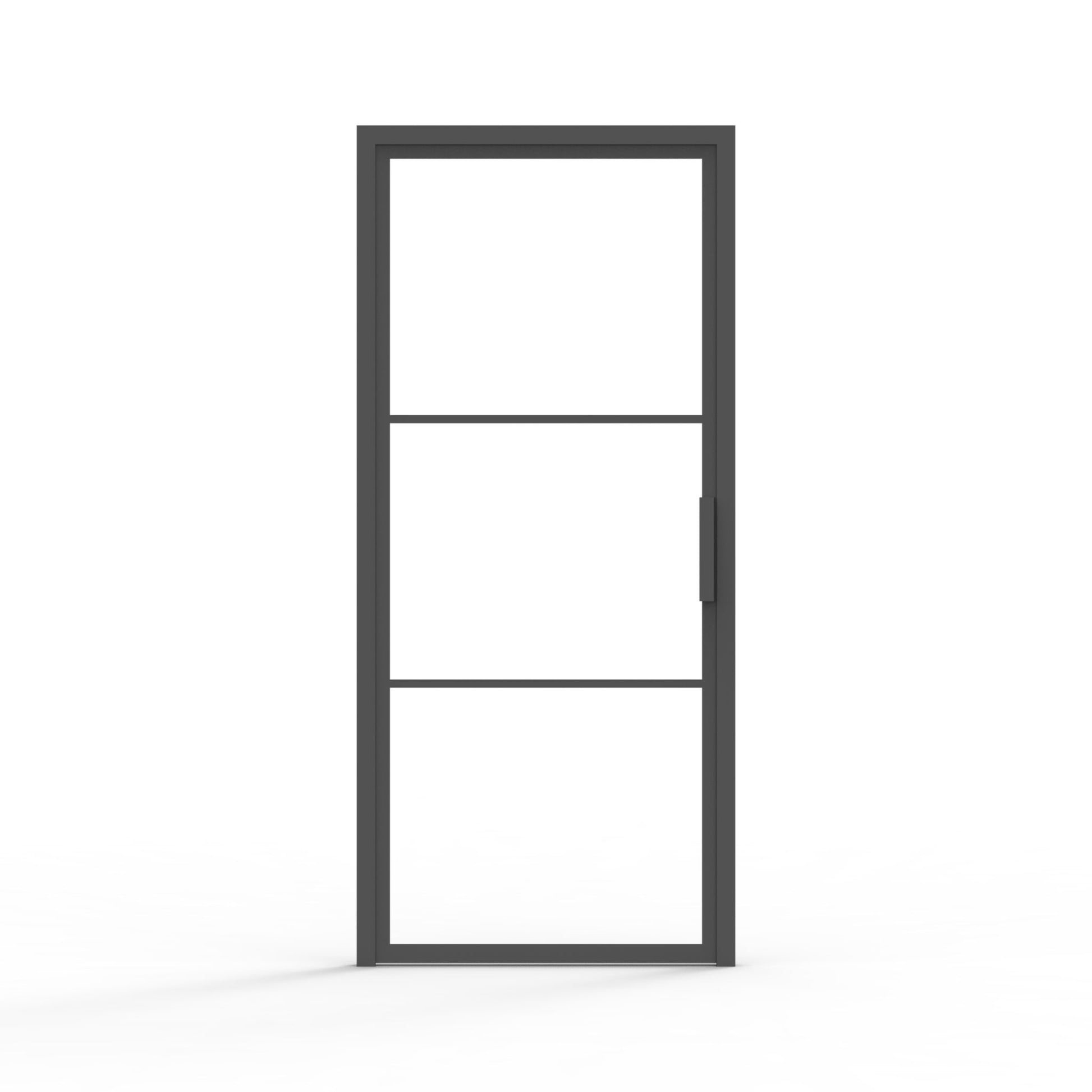 3 lite interior french steel door, clear glass, black, front view