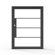 4 lite steel pivot door, clear glass, modern exterior entry, front view, black