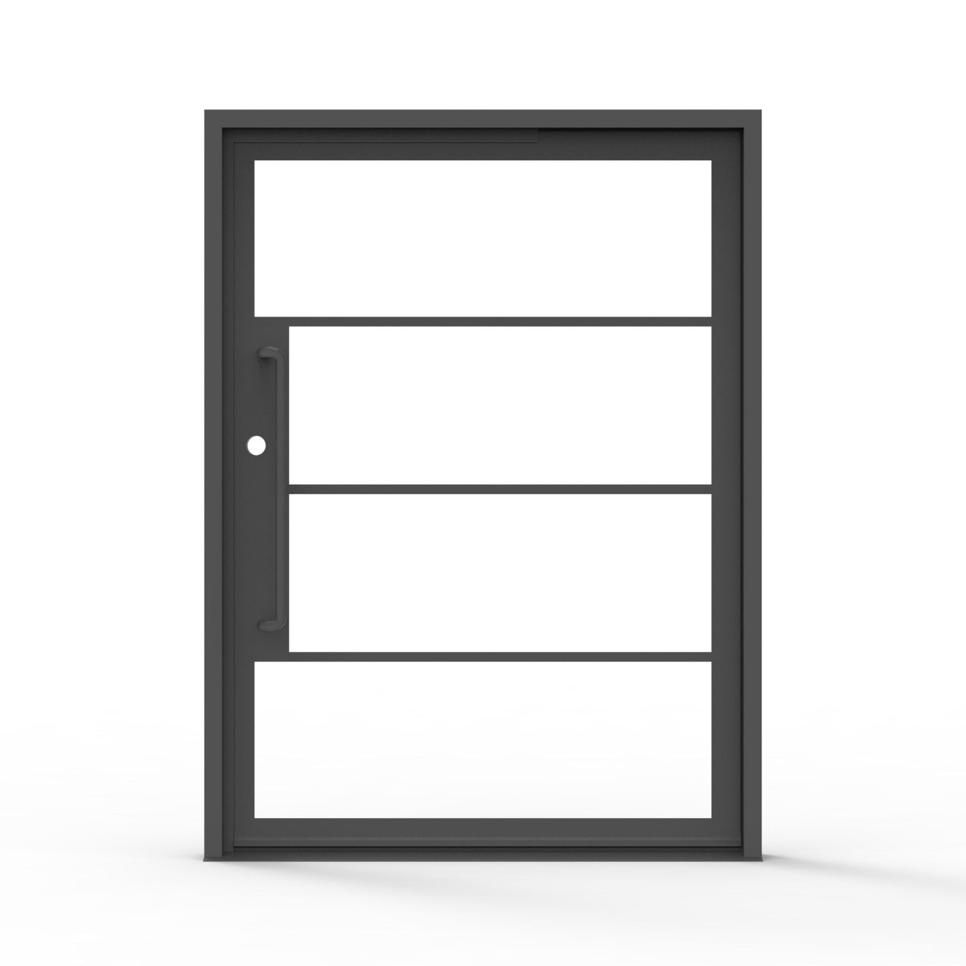 4 lite steel pivot door, clear glass, modern exterior entry, front view, black