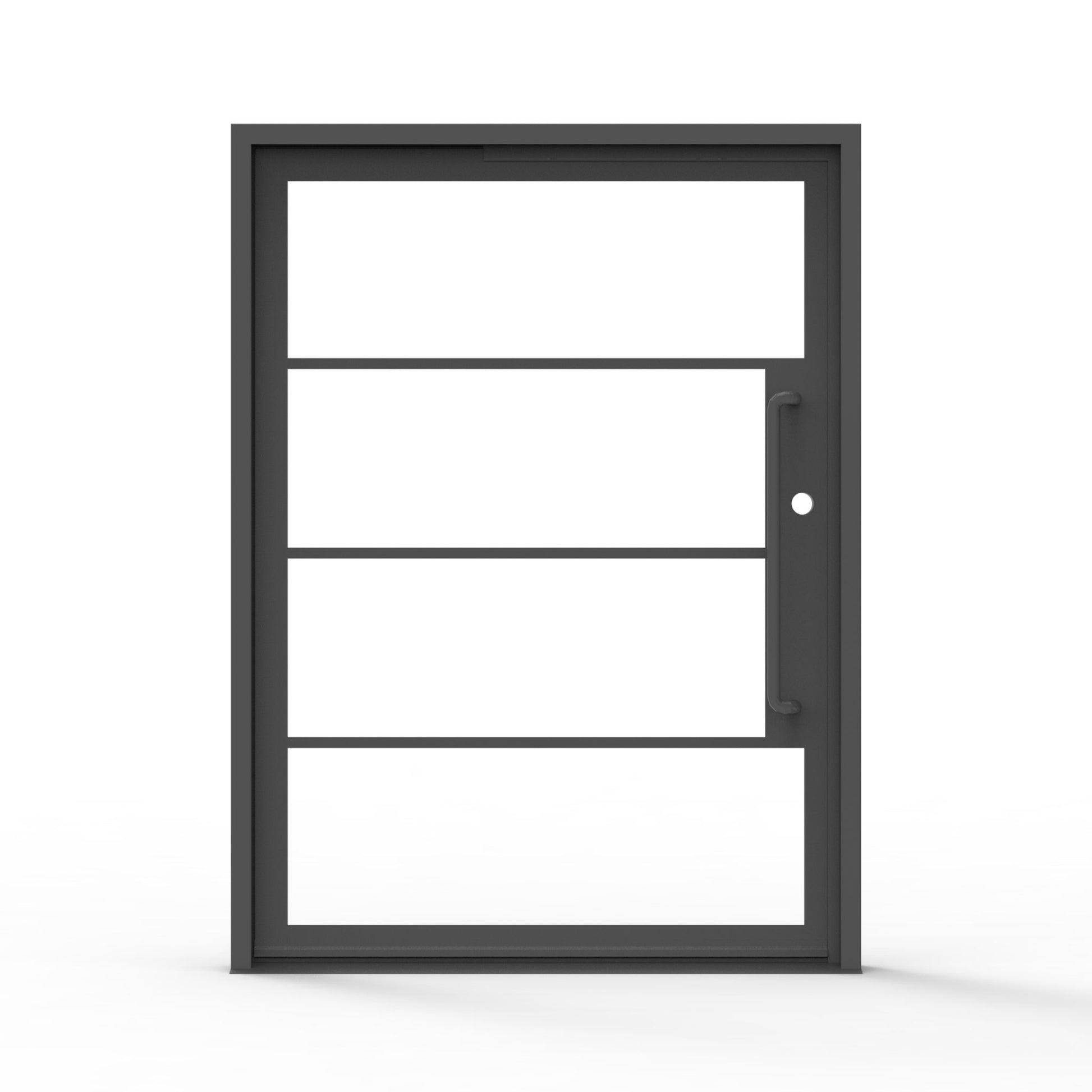 4 lite French steel pivot door, clear glass, contemporary exterior front door, black finish
