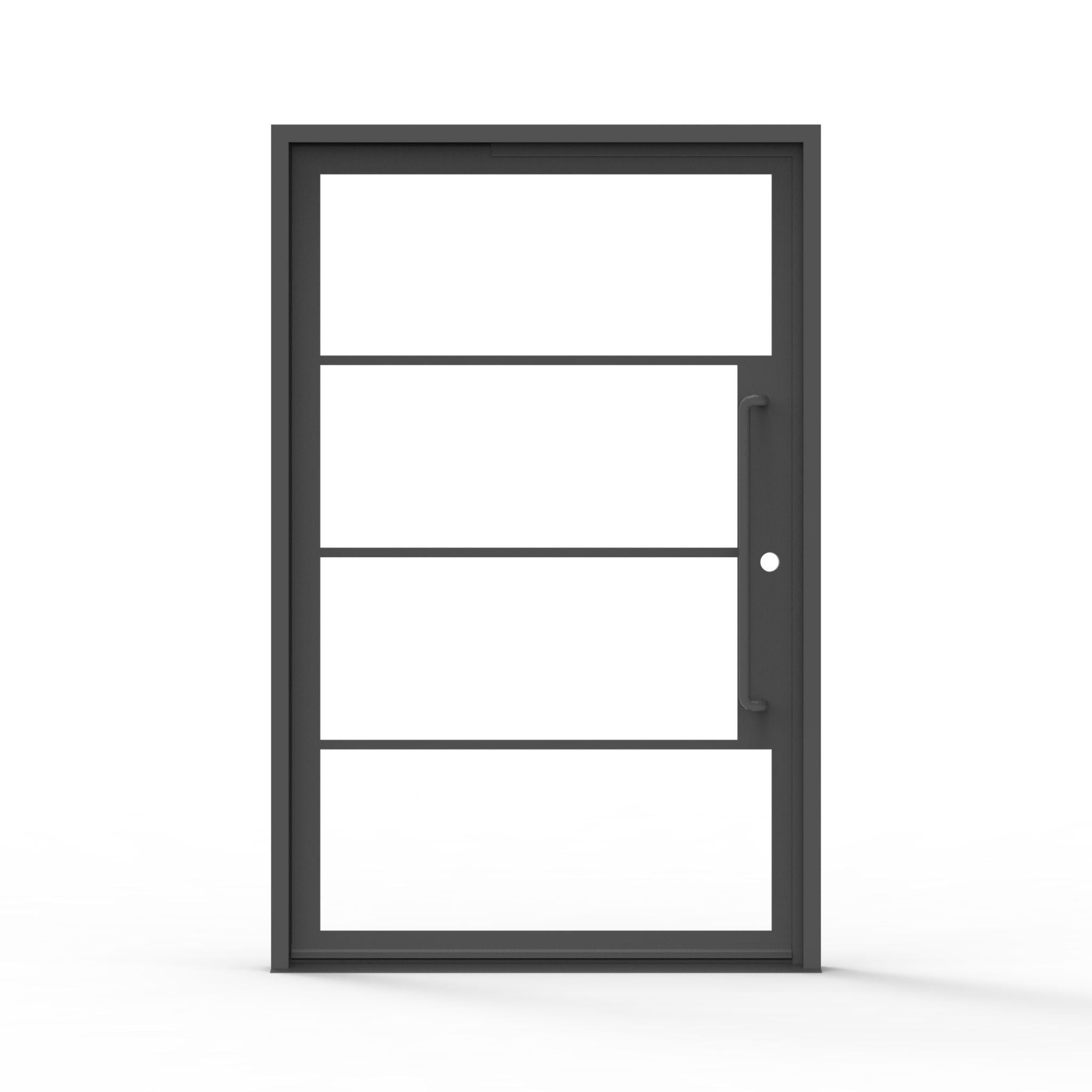 4 lite french steel pivot exterior door, clear glass, modern front, powder coated black finish