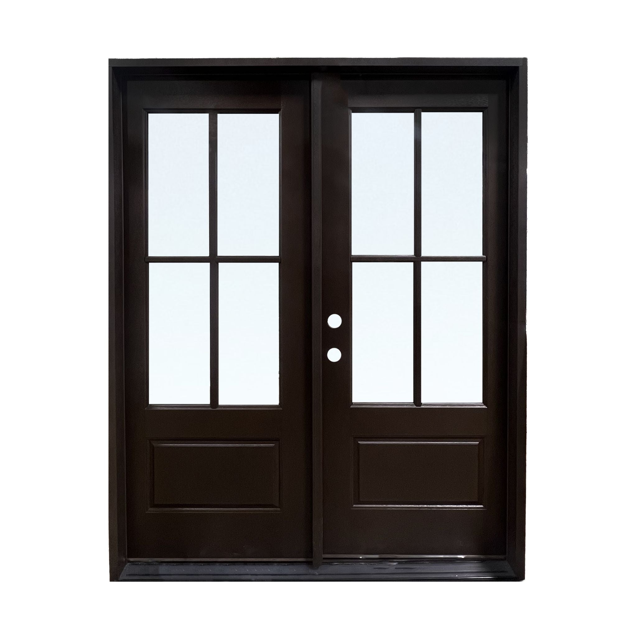 pre finished mahogany grain fiberglass door, clear glass, 4 lite