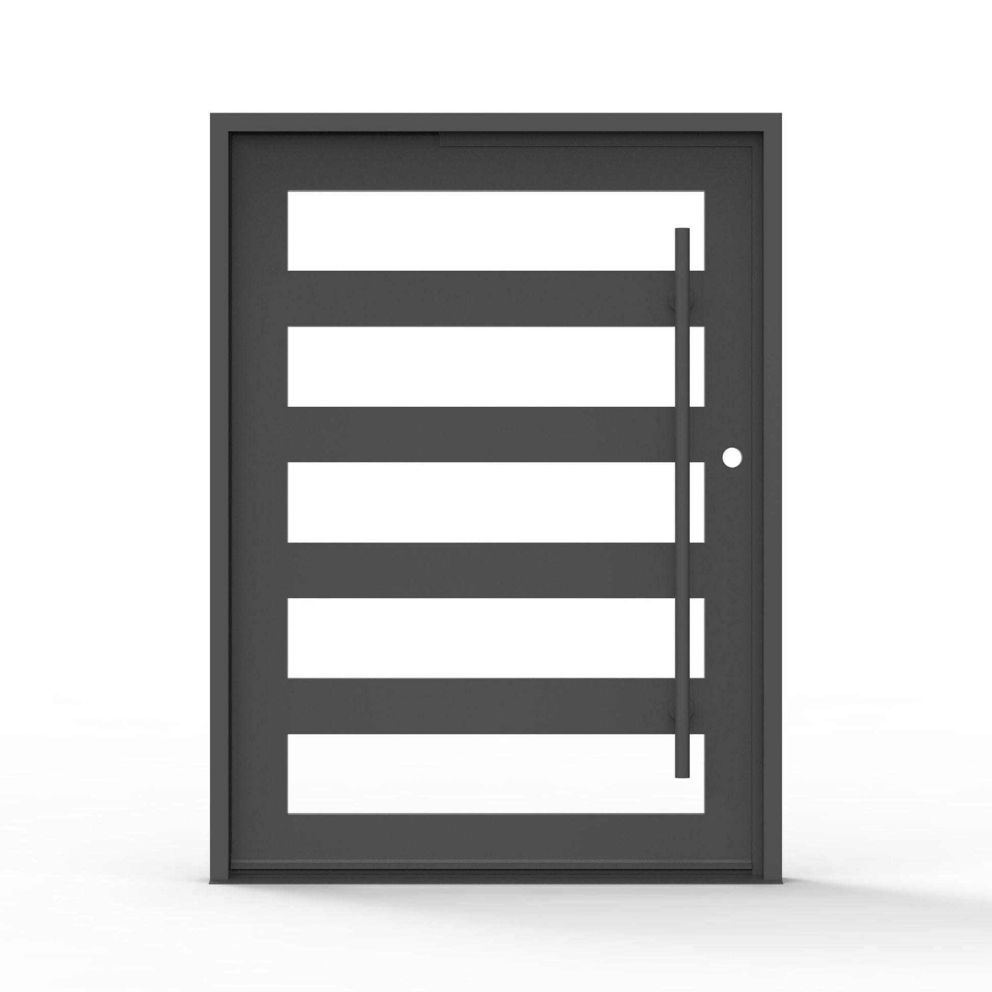 5 lite iron pivot door in matte black finish, clear glass, modern exterior entry door