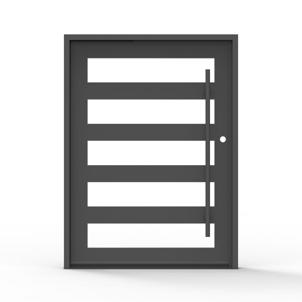 5 lite iron pivot door in matte black finish, clear glass, modern exterior entry door