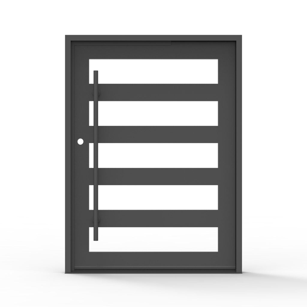 5 lite iron pivot door in matte black finish, clear glass, contemporary exterior entry door, front