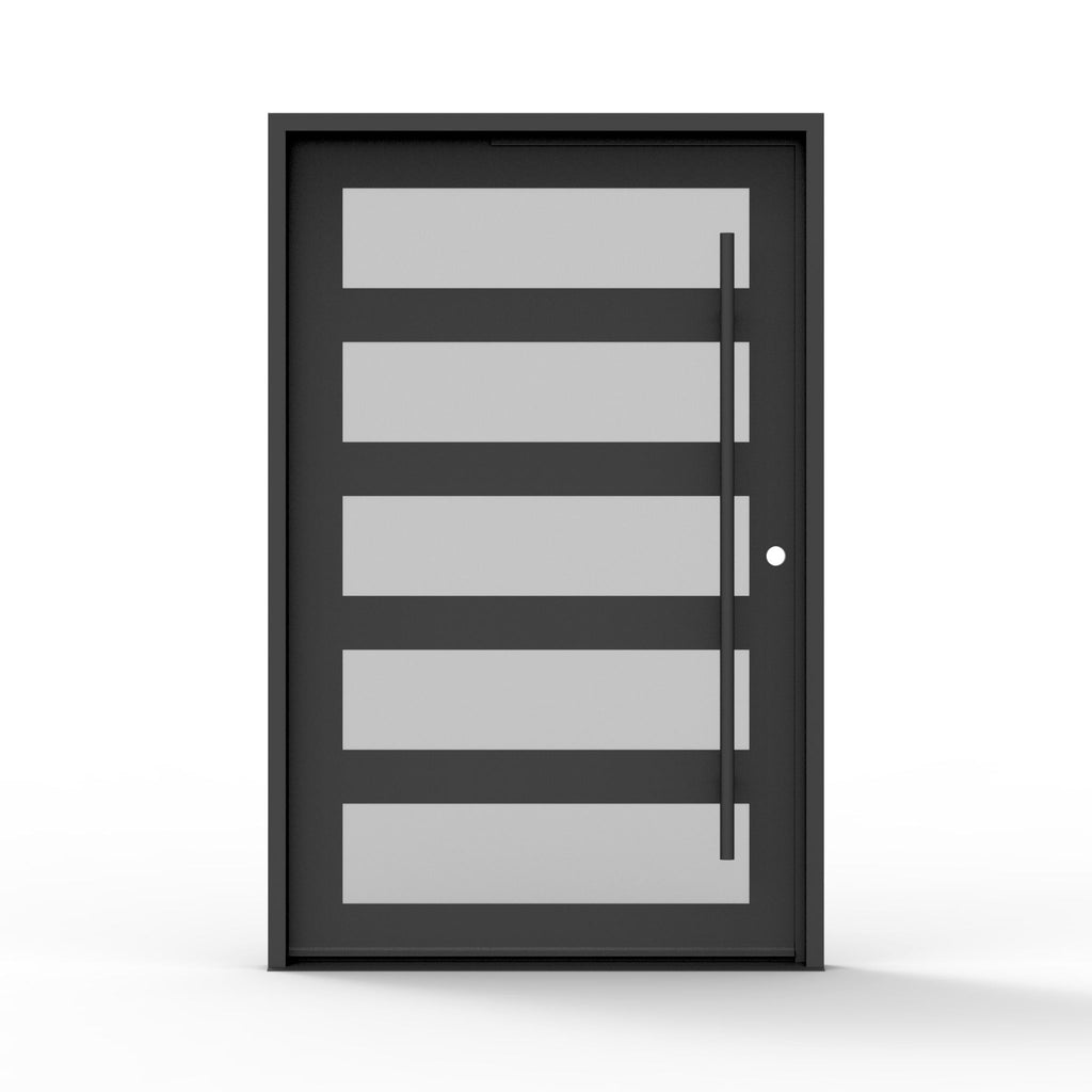 5 lite iron pivot door in matte black finish, frosted glass, contemporary front exterior door, full height