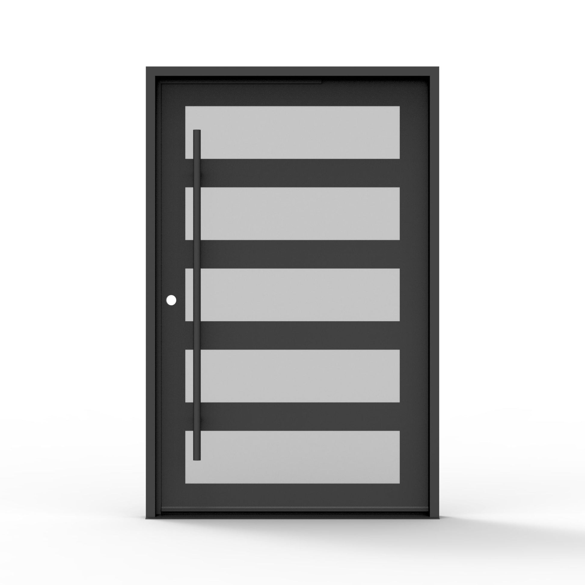 5 lite iron pivot door in matte black, frosted privacy glass, modern exterior door