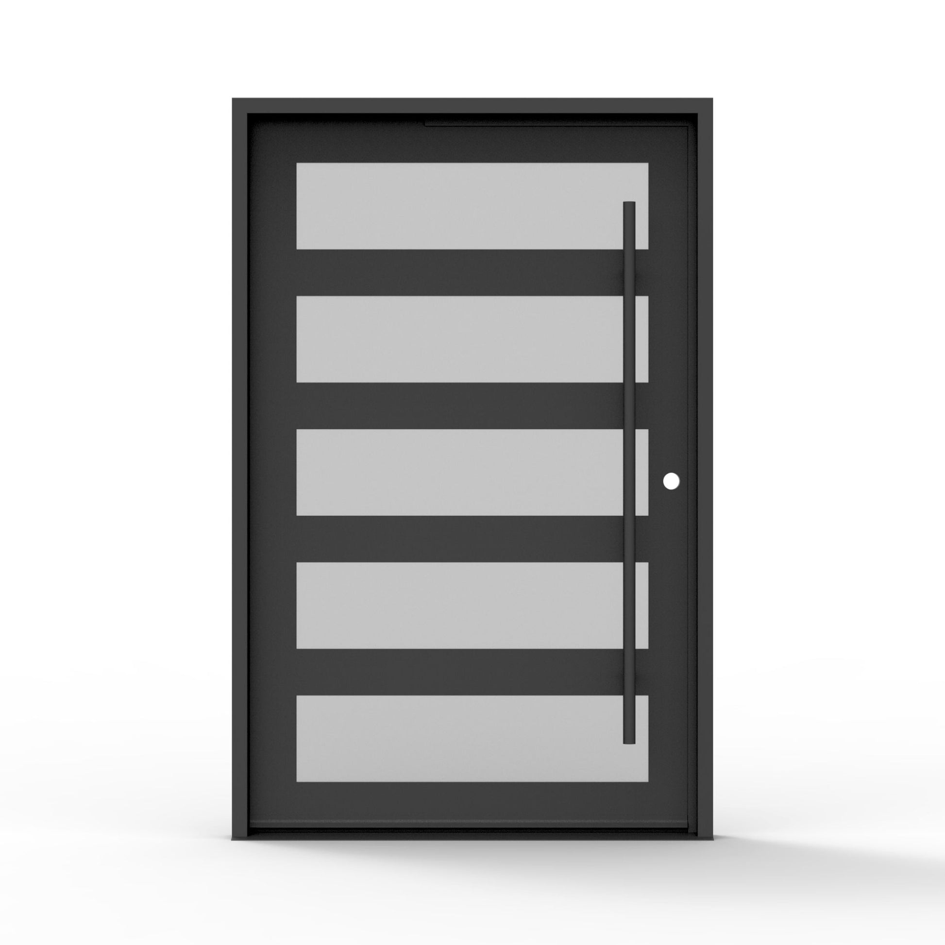 5 lite iron pivot door in powder coated black finish, frosted glass, contemporary door, front view