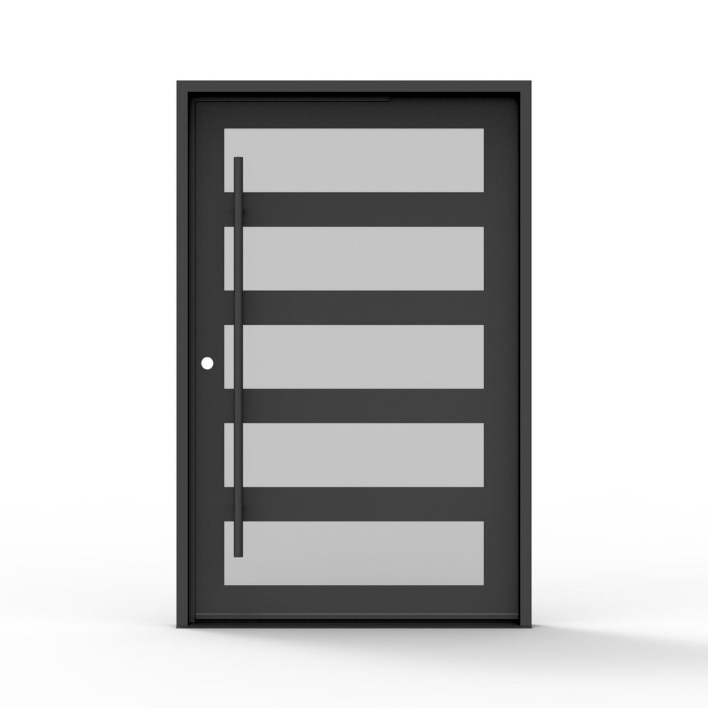 5 lite iron pivot door in a matte black finish, frosted privacy glass, modern door, front