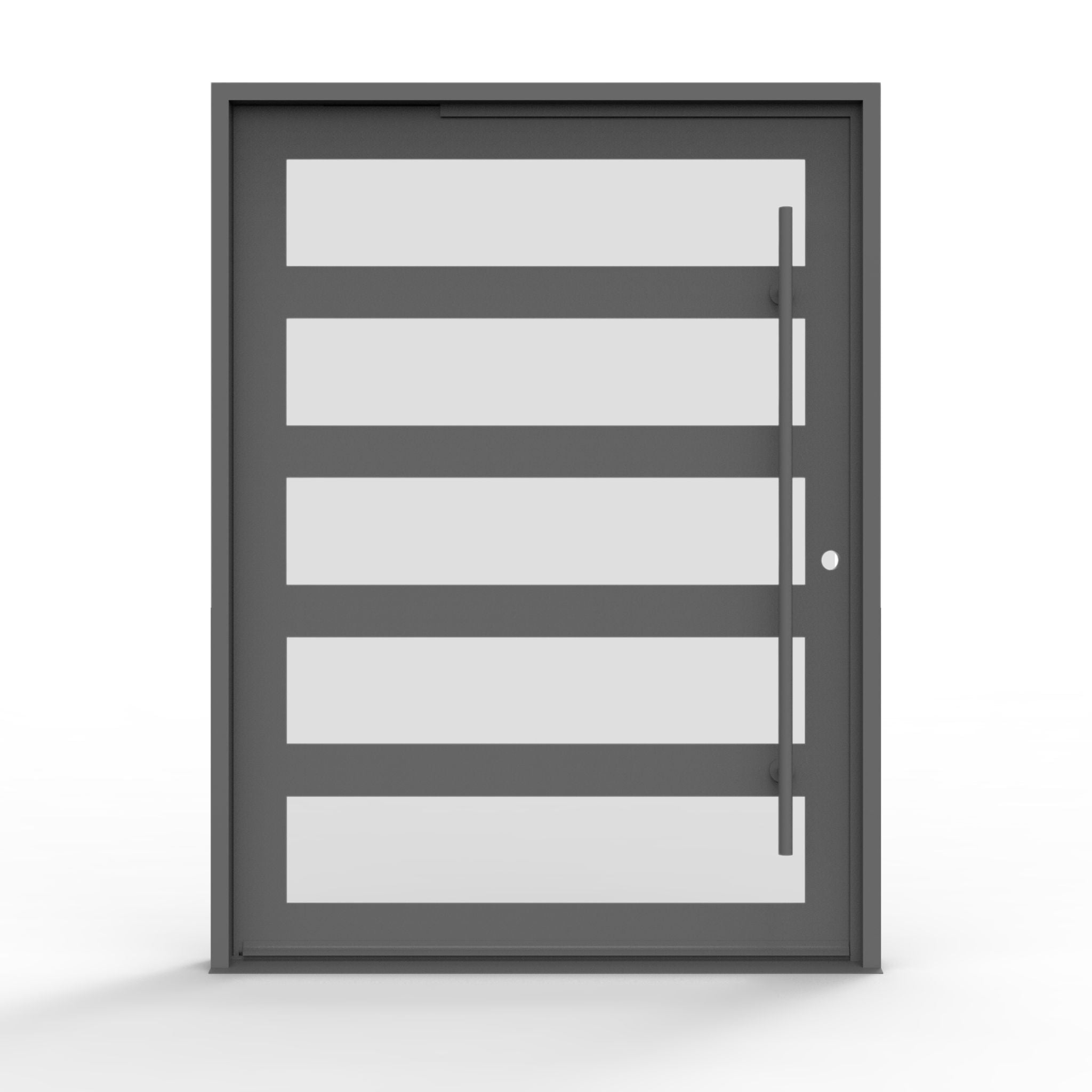 5 lite iron pivot door in a matte black finish, frosted privacy horizontal glass, modern door, front view, 72x96, Left hand in-swing