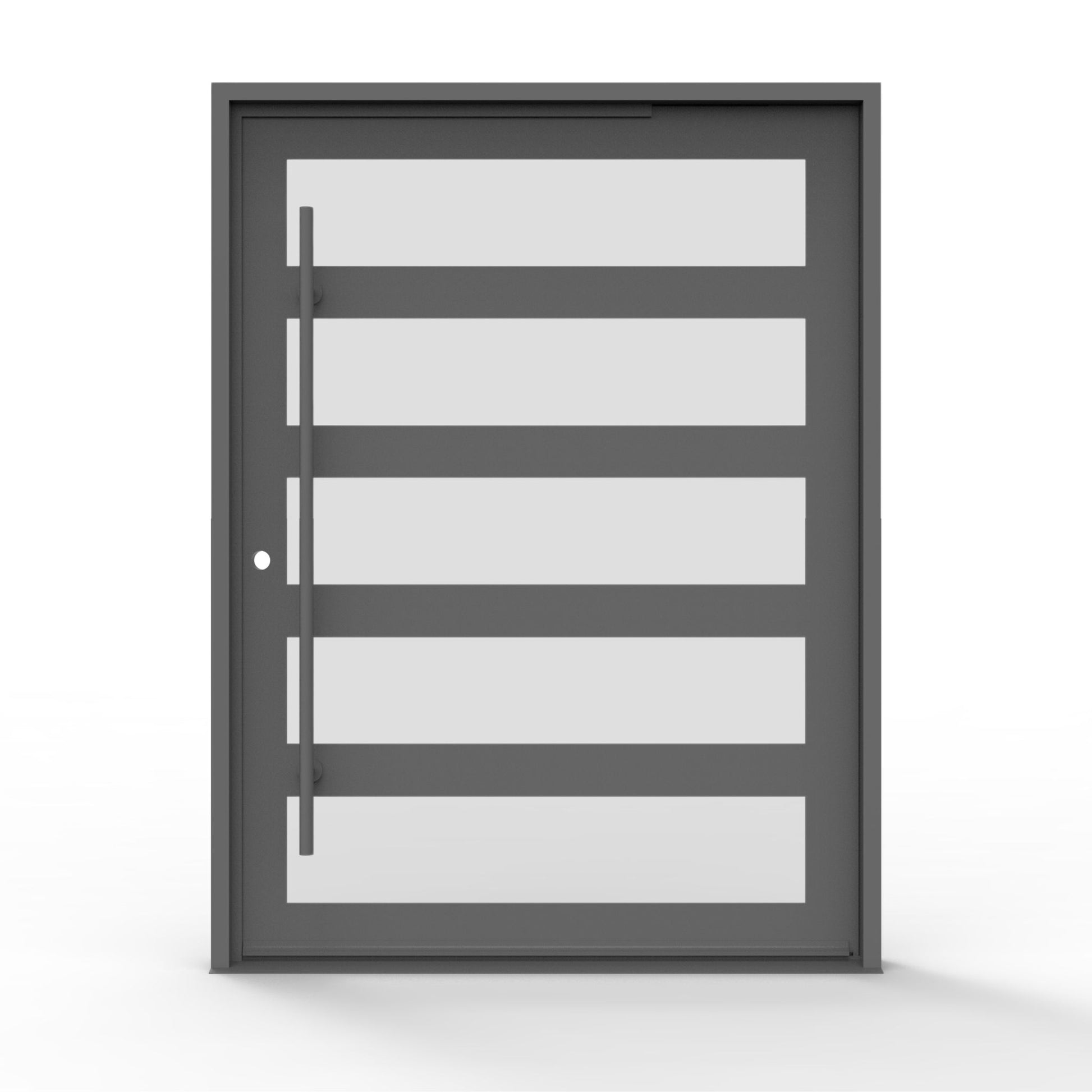 5 lite iron pivot door in a matte black finish, frosted privacy glass, modern door, front view, 72x96, Right hand in-swing, round bar handle