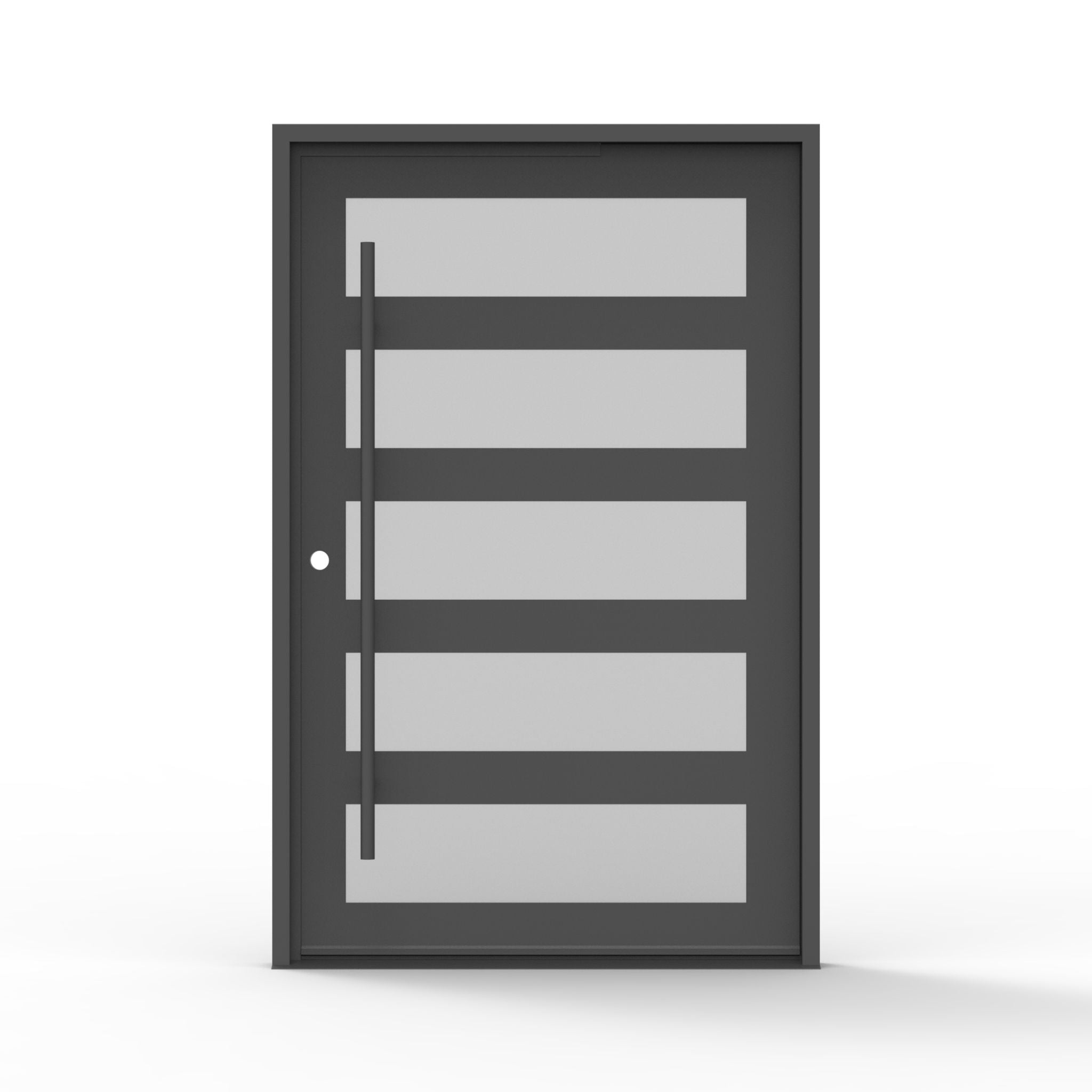 5 lite steel pivot door with changeable smart glass in matte black finish, frosted mode, contemporary exterior entry door, front view