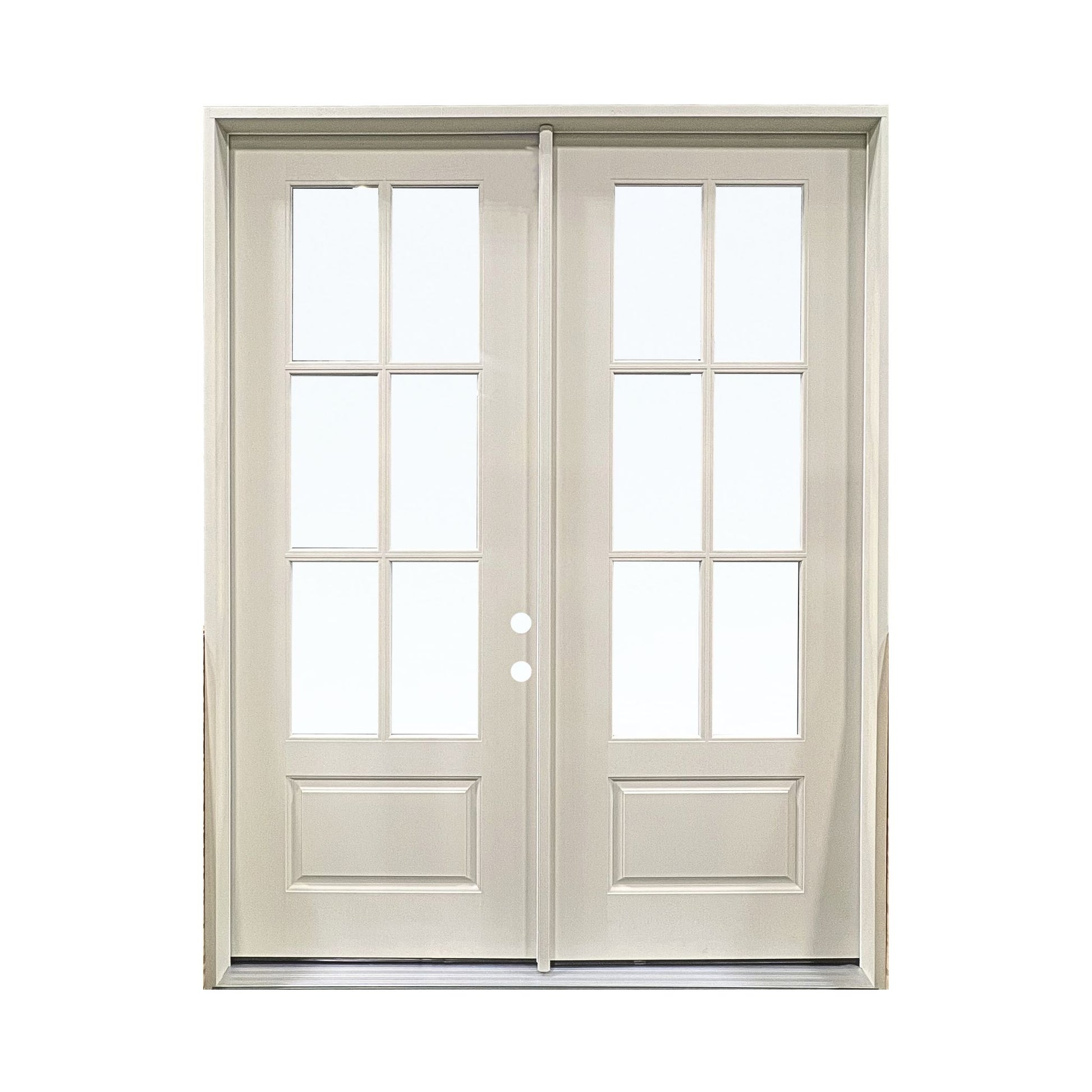 6 lite primed fiberglass door, mahogany grain, white, clear glass
