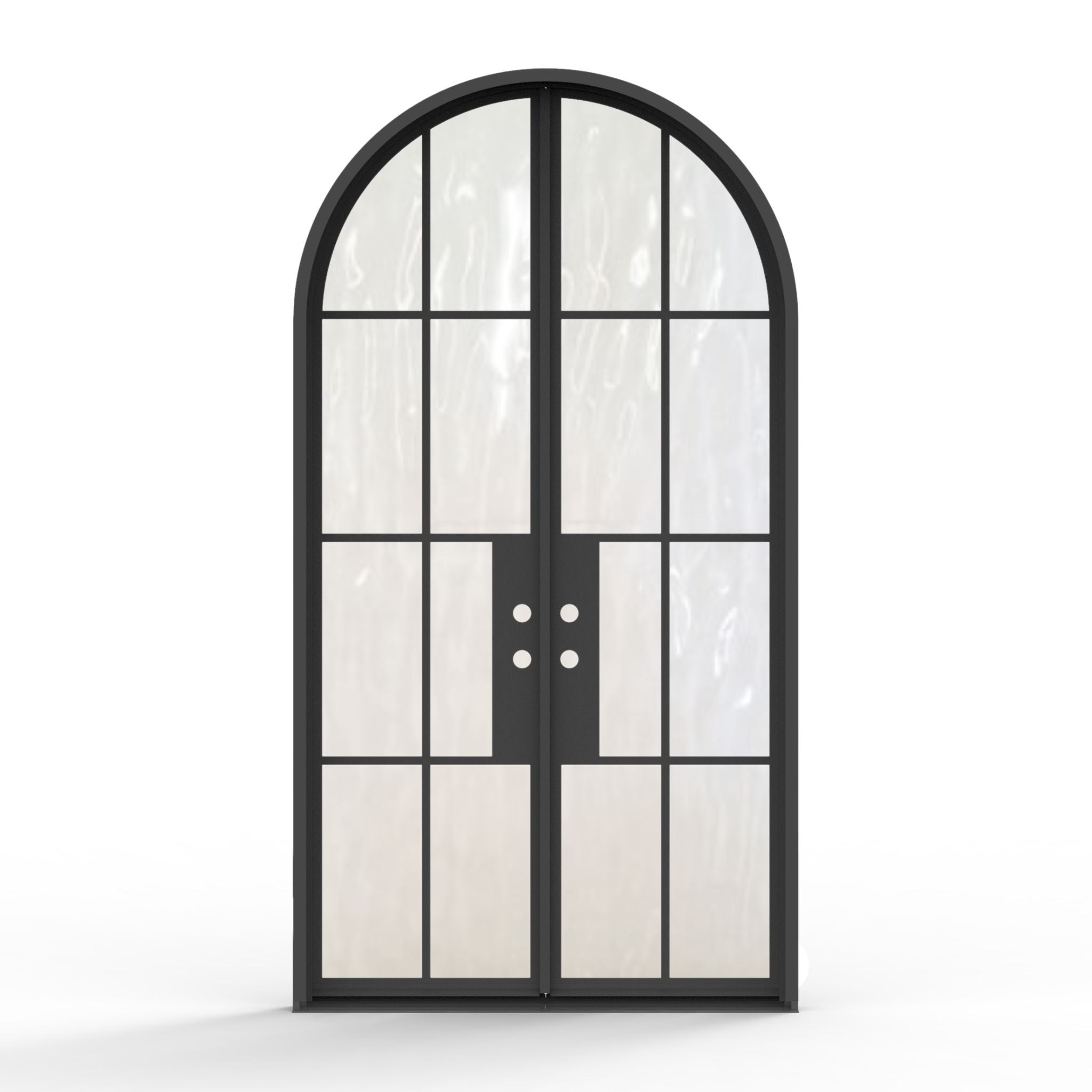 8-lite French steel double exterior door 60x112 inches, left-hand inswing, matte black finish with dramatic full arch top, tall flemish glass grid panels spanning both doors with a grand cathedral-style silhouette