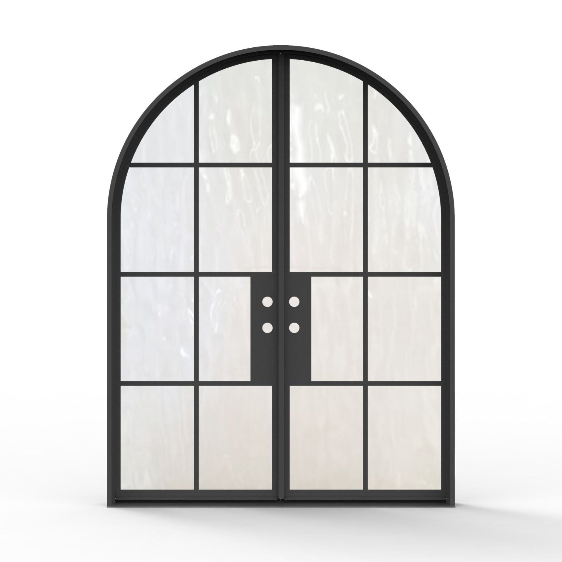 8-lite French steel double exterior door 72x96 inches, left-hand inswing, matte black finish with full arch top, large flemish glass grid panels spanning both doors following the curved arch profile