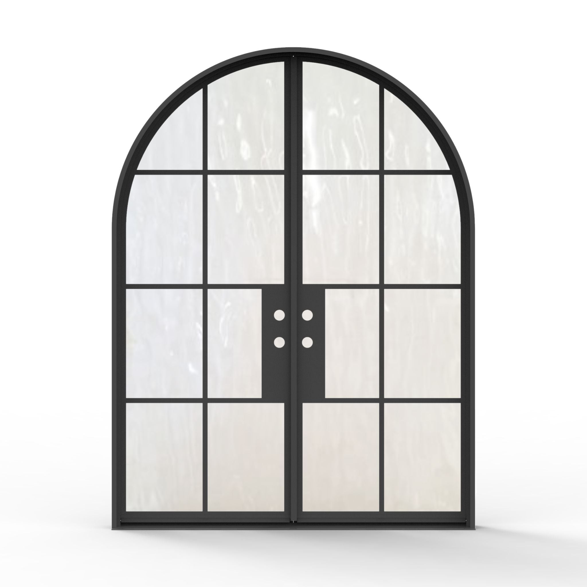 8-lite French steel double exterior door 72x96 inches, left-hand inswing, matte black finish with full arch top, large flemish glass grid panels spanning both doors following the curved arch profile