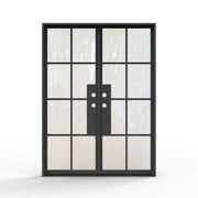 8 lite french steel exterior double door, black smooth finish, flemish privacy glass, modern front door