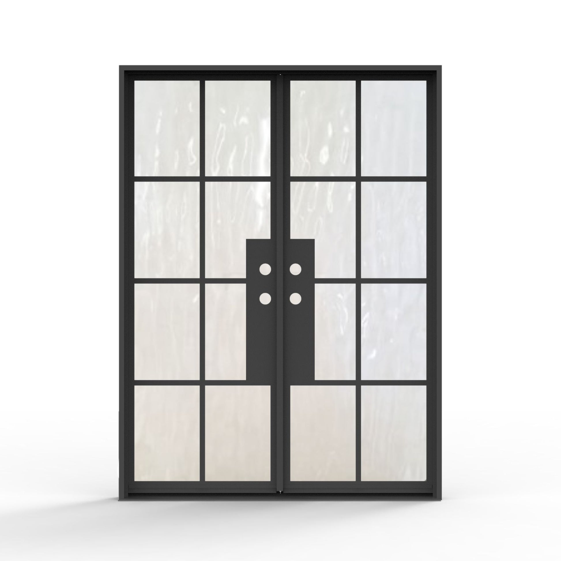 8 lite french steel exterior double door, black smooth finish, flemish privacy glass, modern front door