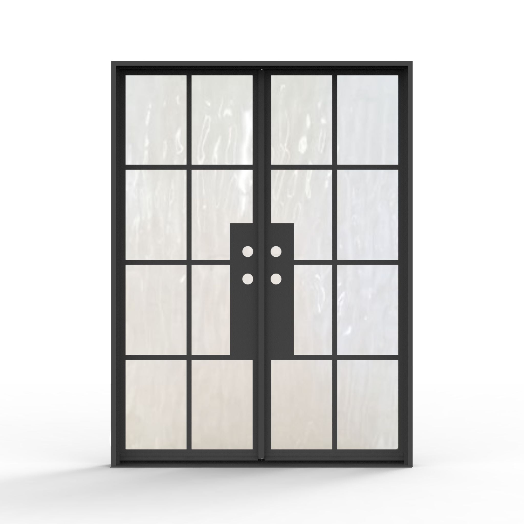 8 lite french steel exterior double door, black smooth finish, flemish privacy glass, modern front door
