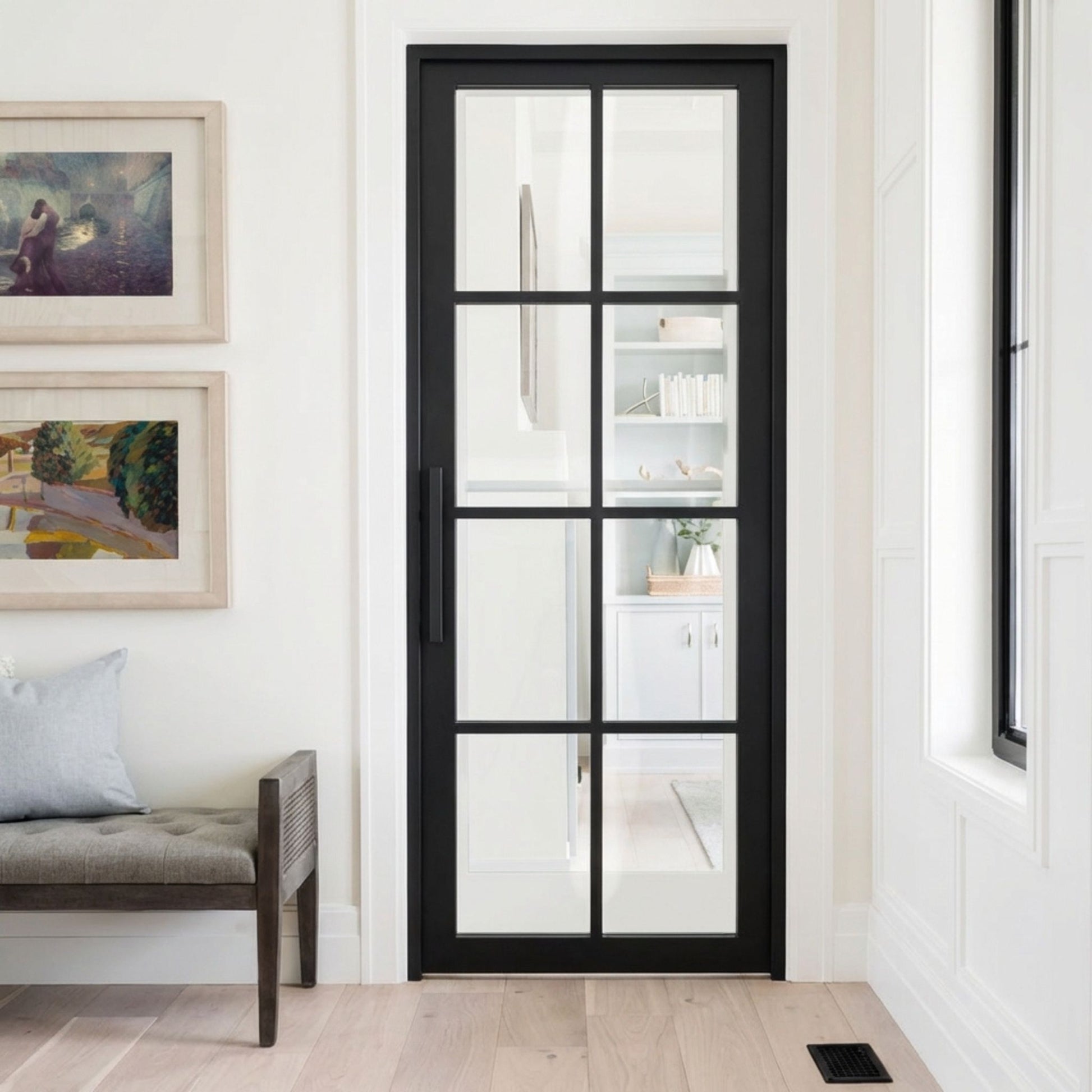 8 lite interior iron single door with clear glass, and a flat handle