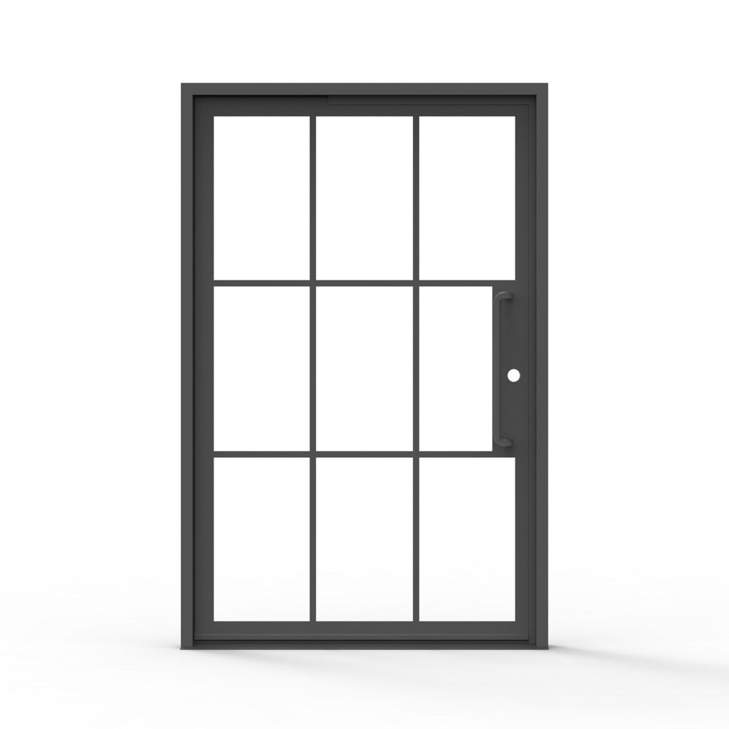 9 lite iron pivot door with clear glass smooth black finish front view