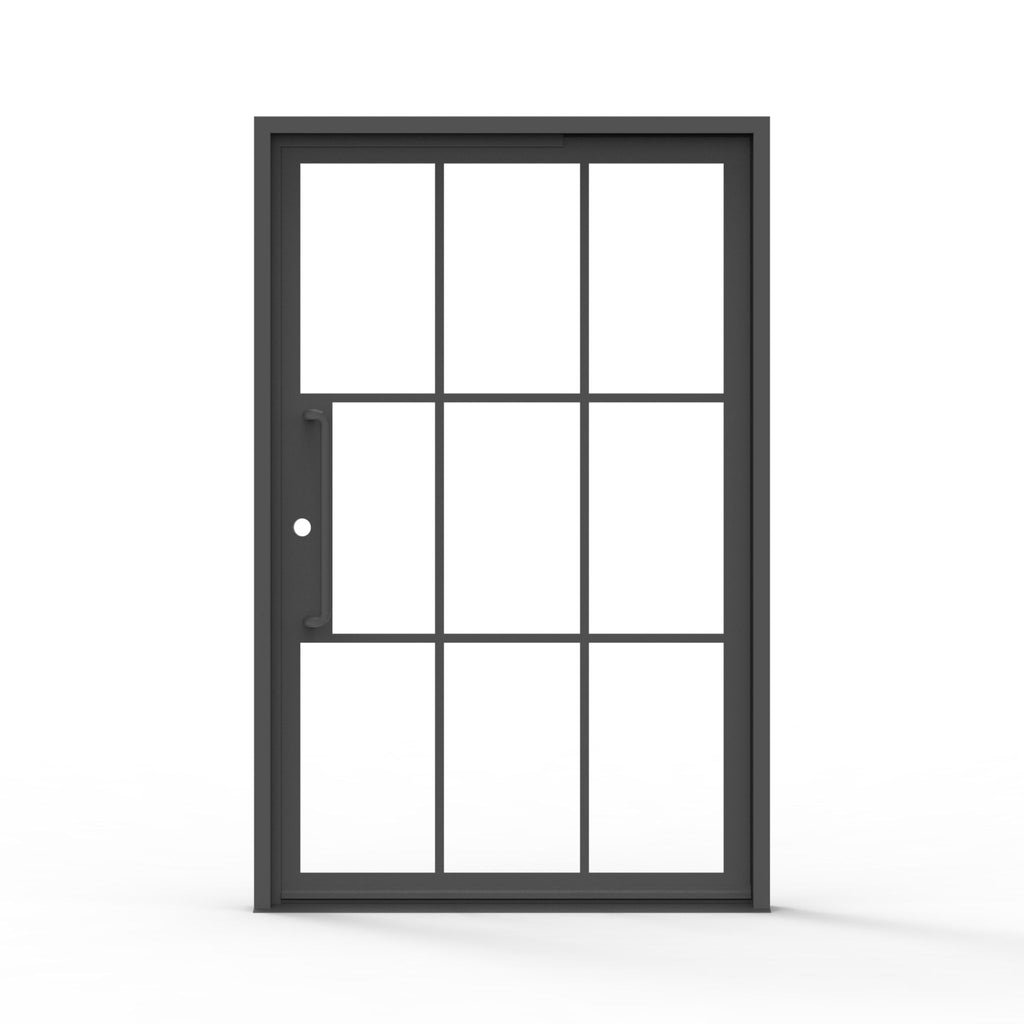 Modern 9 lite iron pivot door clear glass grid design front view