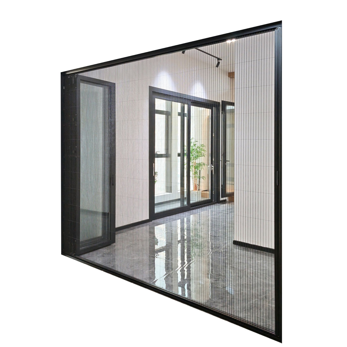 aluminum folding door retractable screen fully extended black 