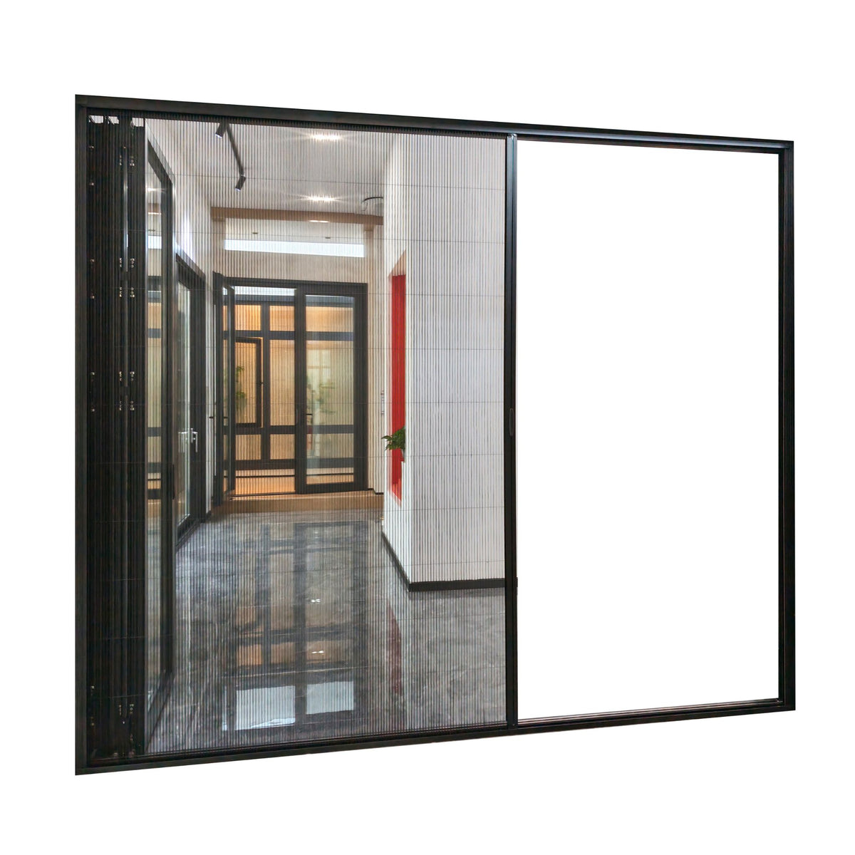 aluminum folding door with partially extended screen in black