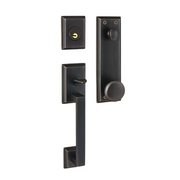 oil-rubbed bronze exterior door handleset with straight pull bar, squared beveled rosettes, separate keyed deadbolt plate, and round interior knob