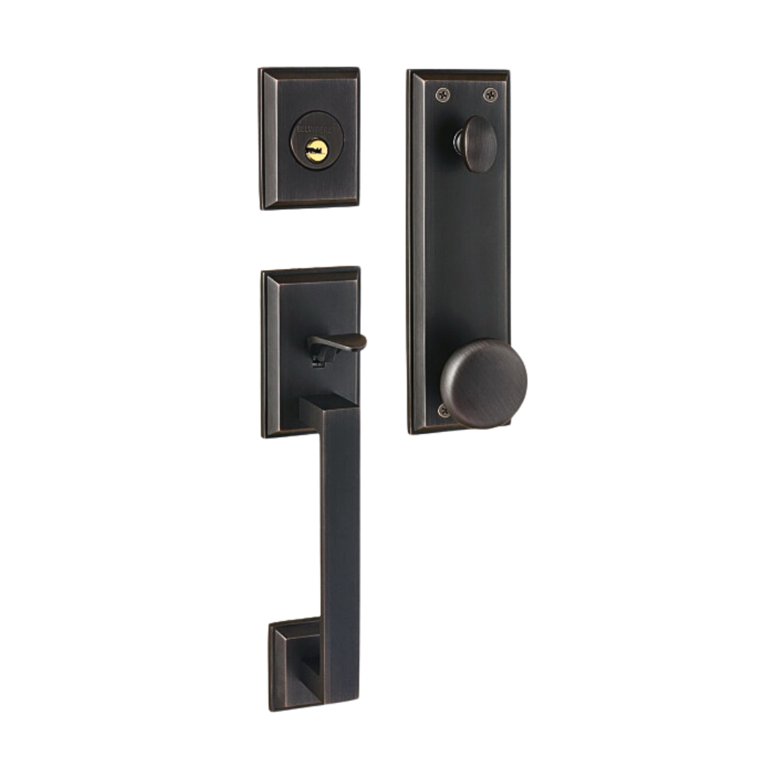 oil-rubbed bronze exterior door handleset with straight pull bar, squared beveled rosettes, separate keyed deadbolt plate, and round interior knob