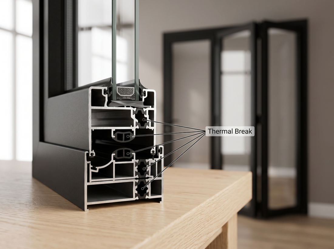 Close-up of a black aluminum frame cross-section on a wooden table, with a glass pane and a label pointing to the thermal break area. A blurred folding glass door is visible in the background.