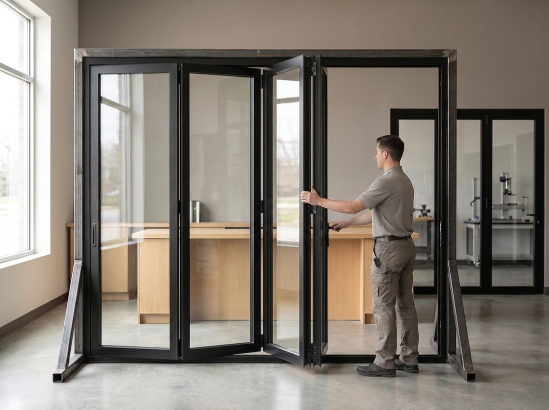 A large black-framed folding door system in a bright office space, with another similar door unit visible in the background.