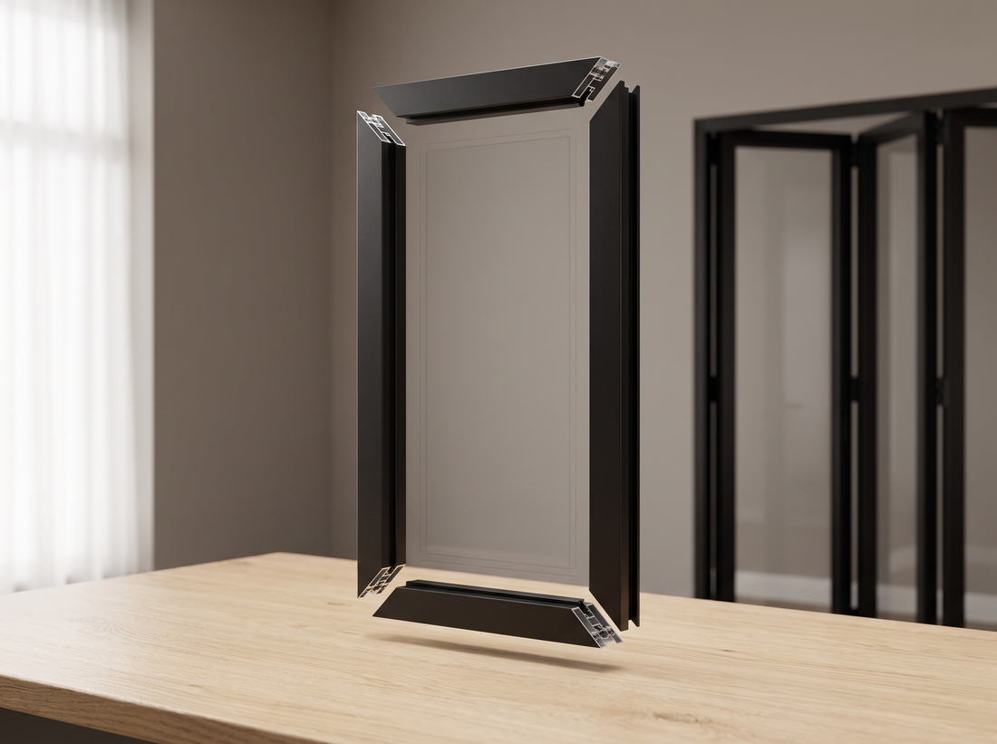 A black aluminum frame in 4 pieces showing assembly.