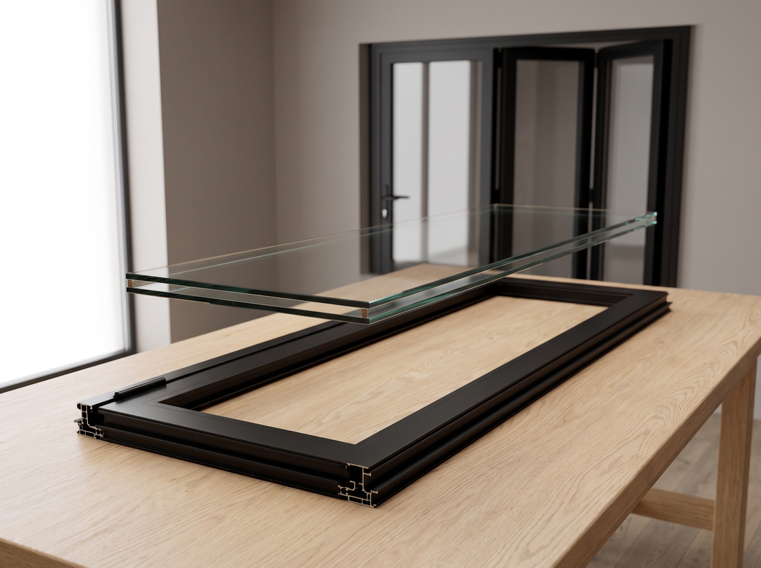 Black aluminum frame showing double-paned glass to be inserted. 