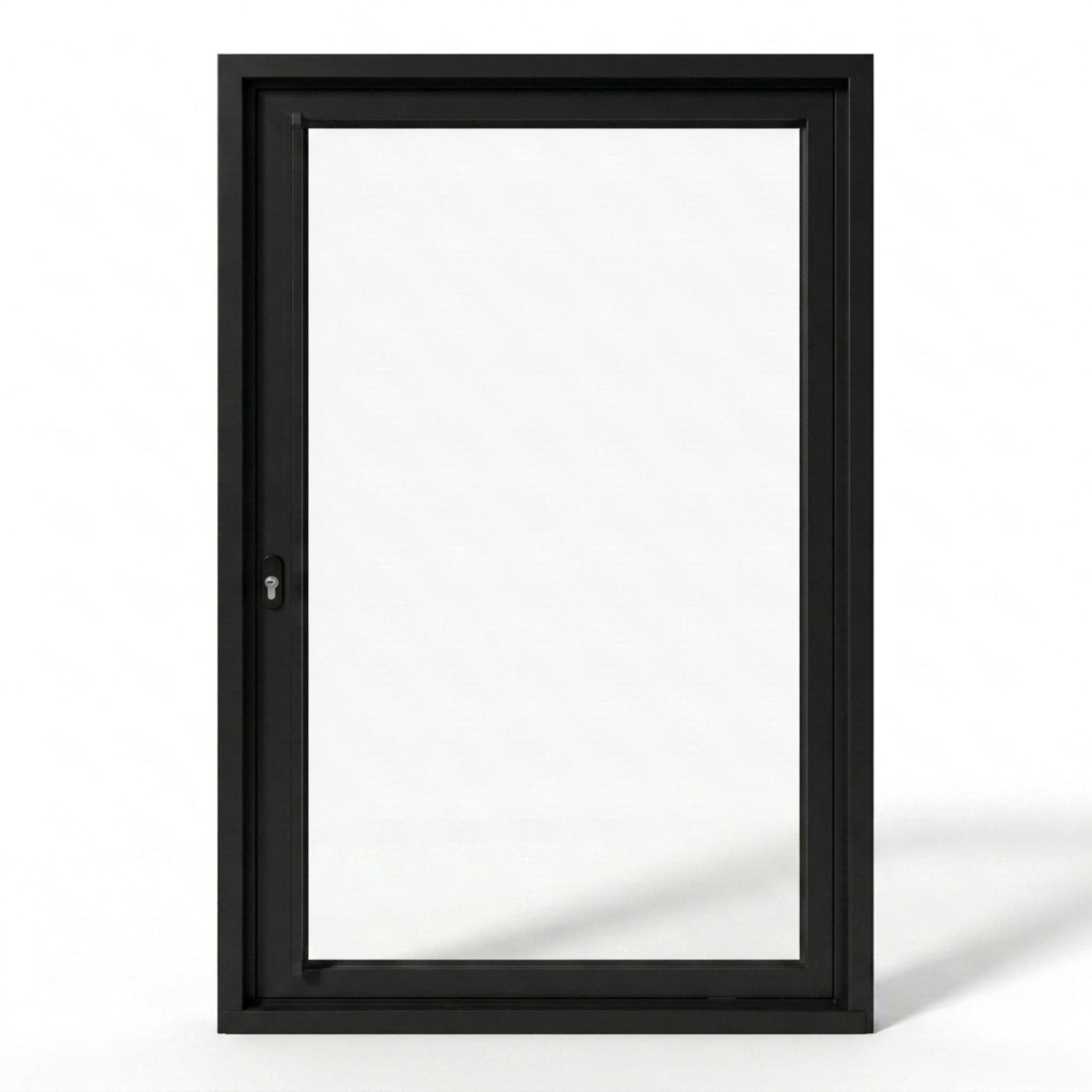 Alexues aluminum 1-lite pivot entry door, matte black finish with full-view clear low+e glass, right-hand inswing configuration, exterior view, thermally-broken